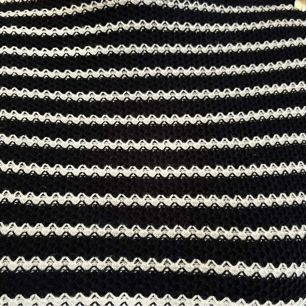 Talbots Sweater Womens Petite L Black White Stripes Knit Gold Button Nautical